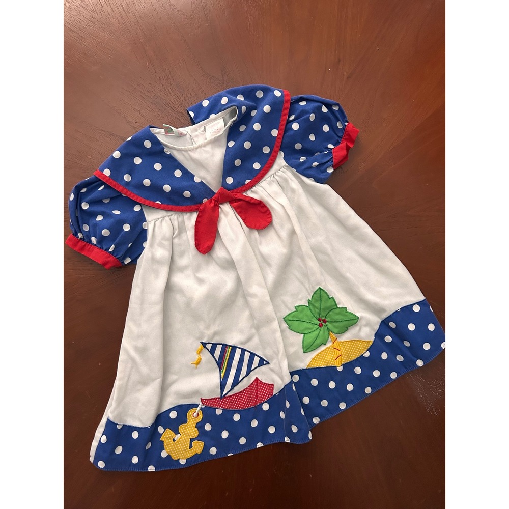 Allison Ann Vintage Sailor Dress Girls 3T Blue White Polka Dot Nautical Sailboat